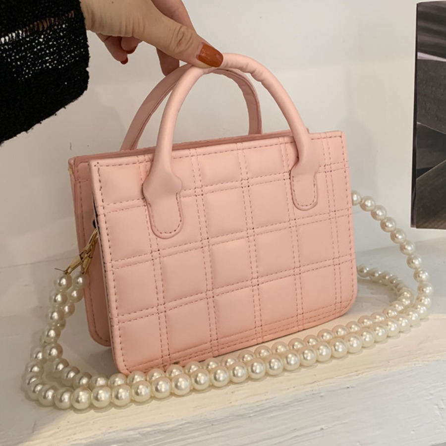 

LW Plaid Pattern Pearl Decoration Messenger Bag, Pink