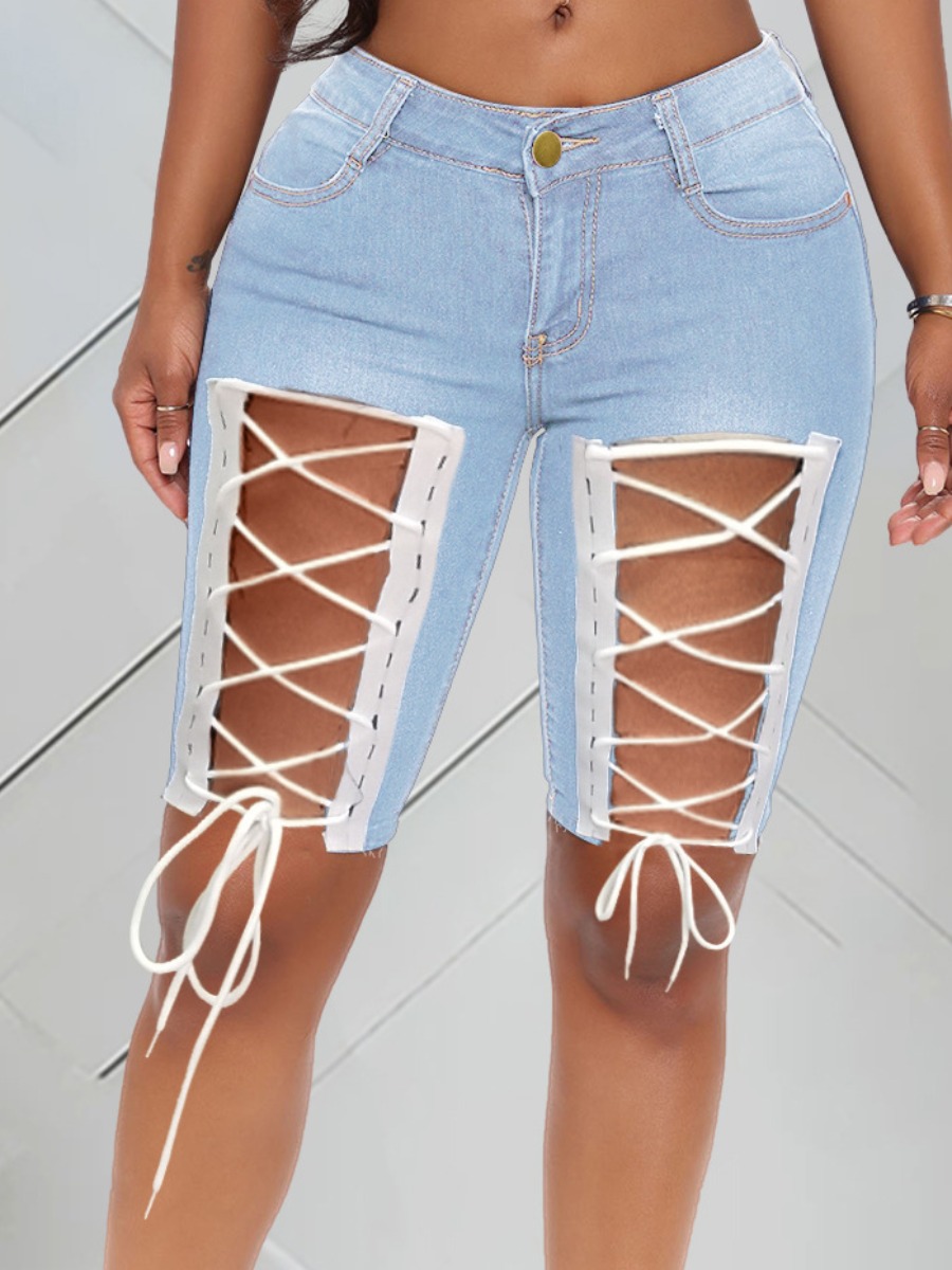 

LW Bandage Hollow-out Design Denim Shorts (No Stretch), Baby blue