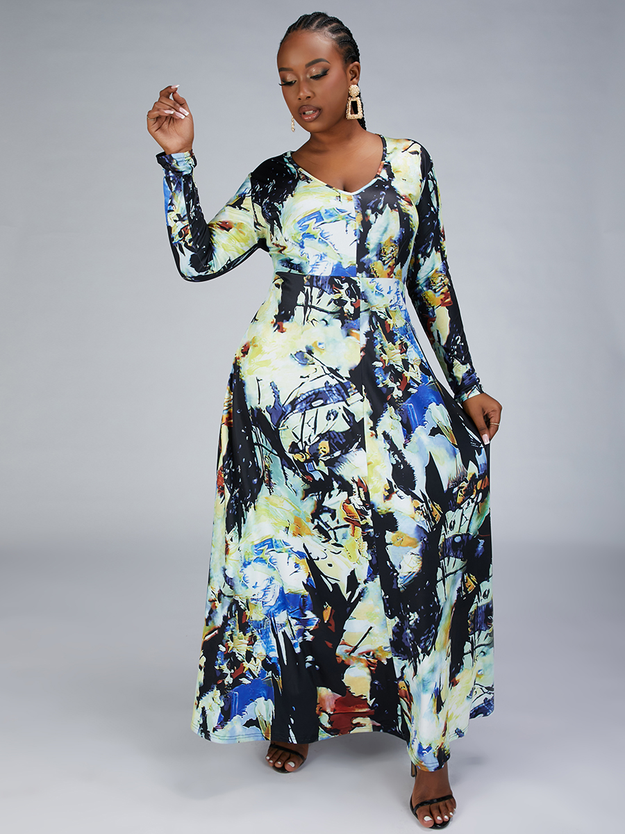 

LW Plus Size V Neck Tie-dye A Line Dress, Black
