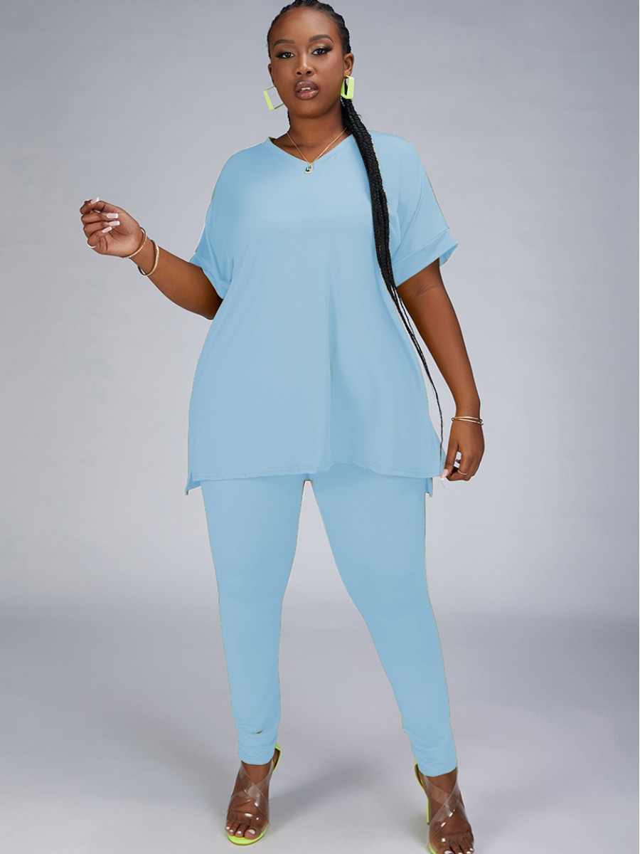 

LW Plus Size V Neck Slit Two-piece Pants Set, Baby blue