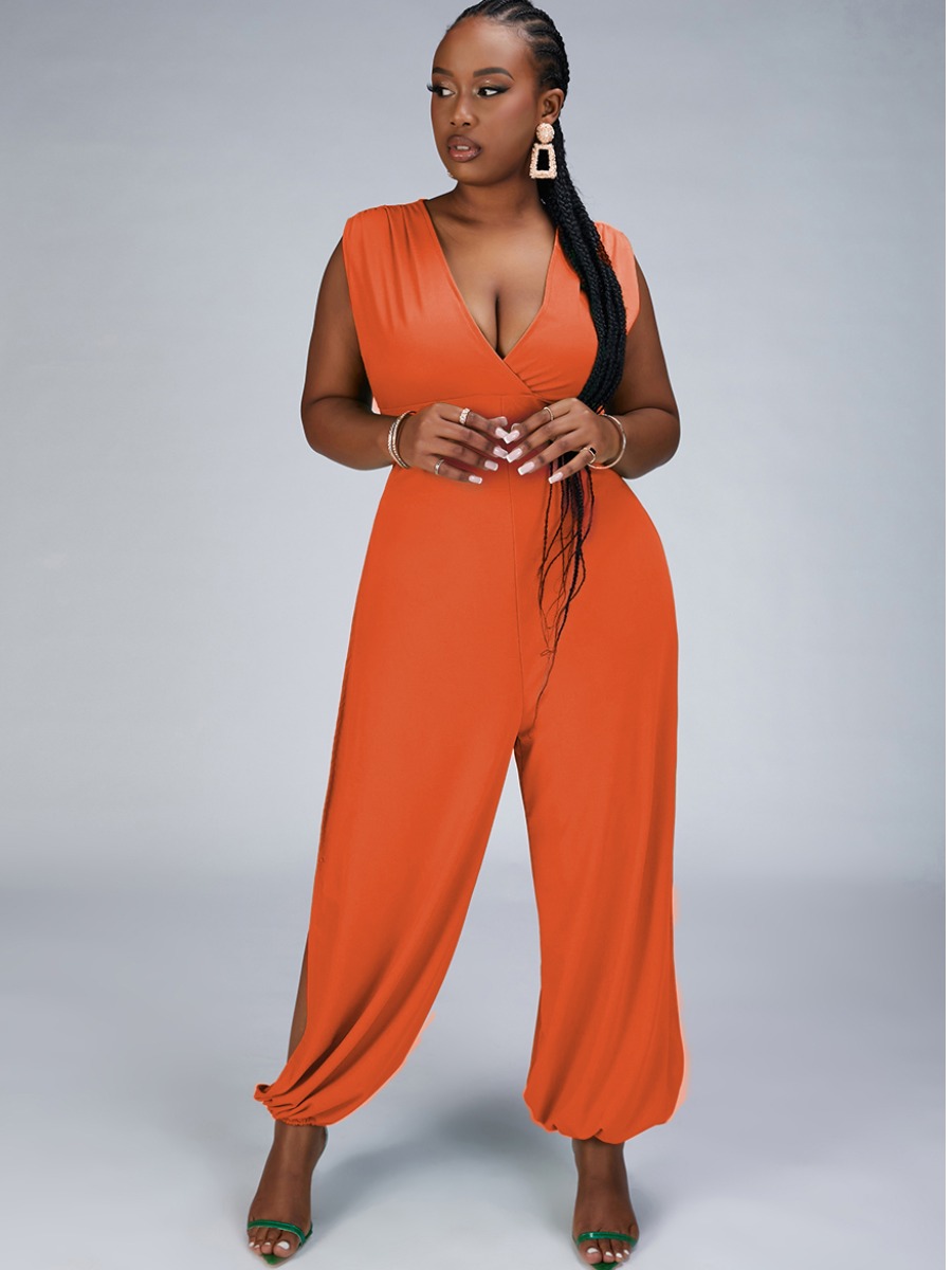 

Lovely Plus Size Split Drawstring One-piece Jumpsuit, Orange