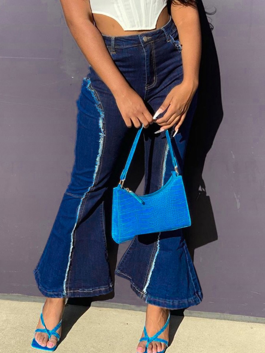 LW Mid Waist High Stretchy Flared Patchwork Jeans