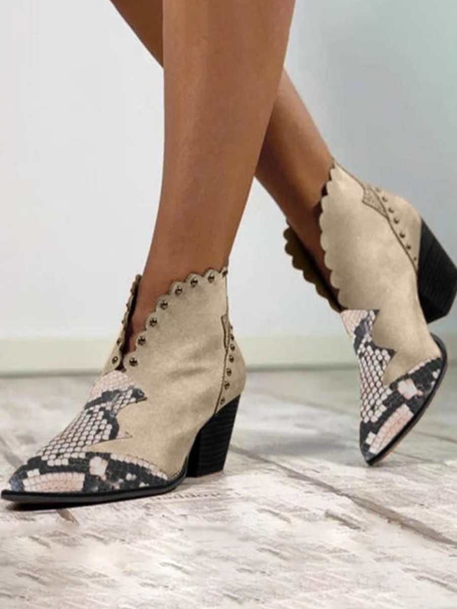 

Lovely Cobra Print Scalloped Slit Boots, Beige
