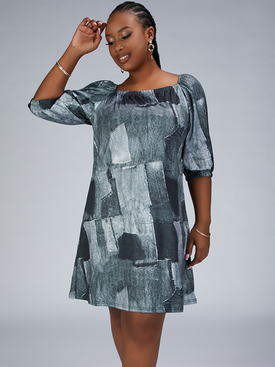 

Lovely Plus Size Square Neck Color-lump Dress, Black