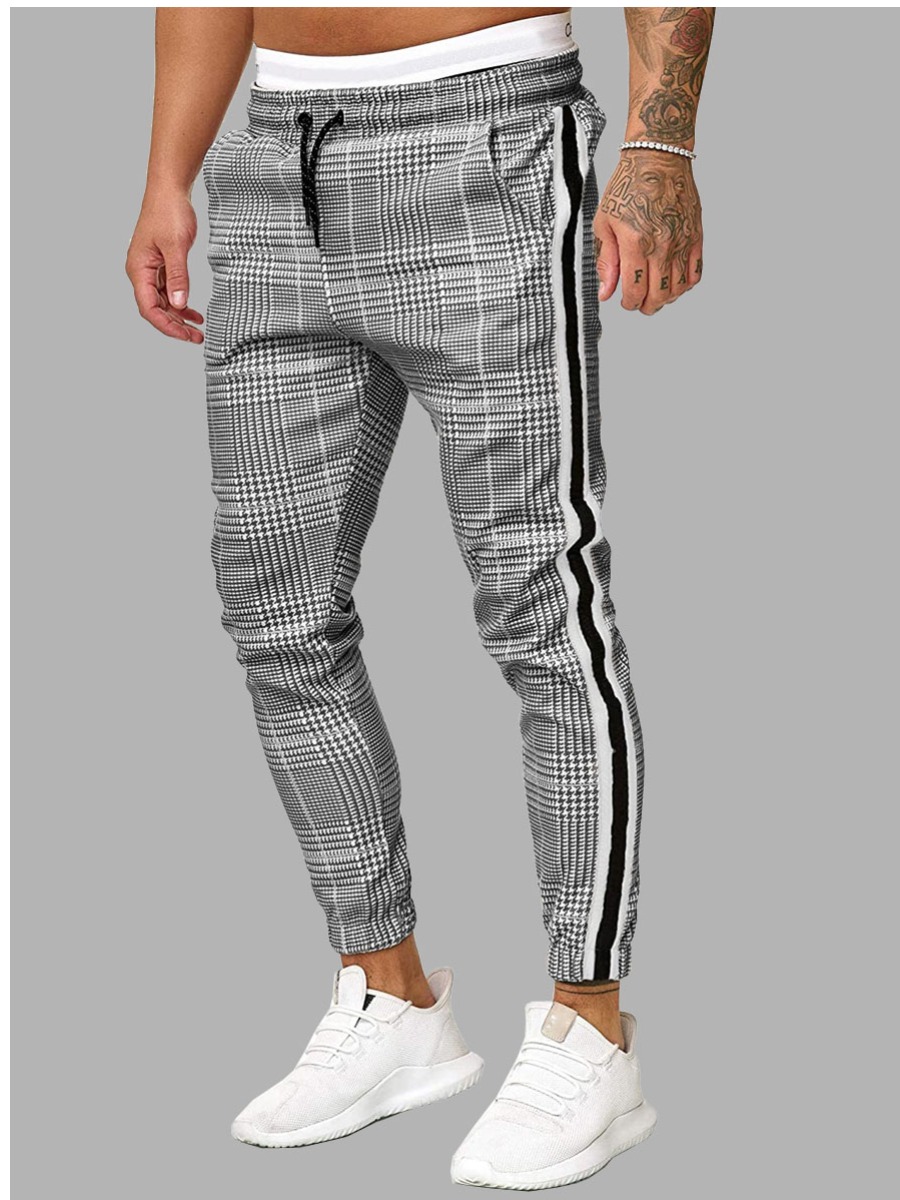 

LW Men Plaid Print Striped Pants, Grey