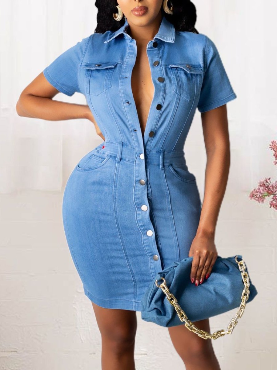 

Lovely Pocket Button Design Denim Dress, Baby blue