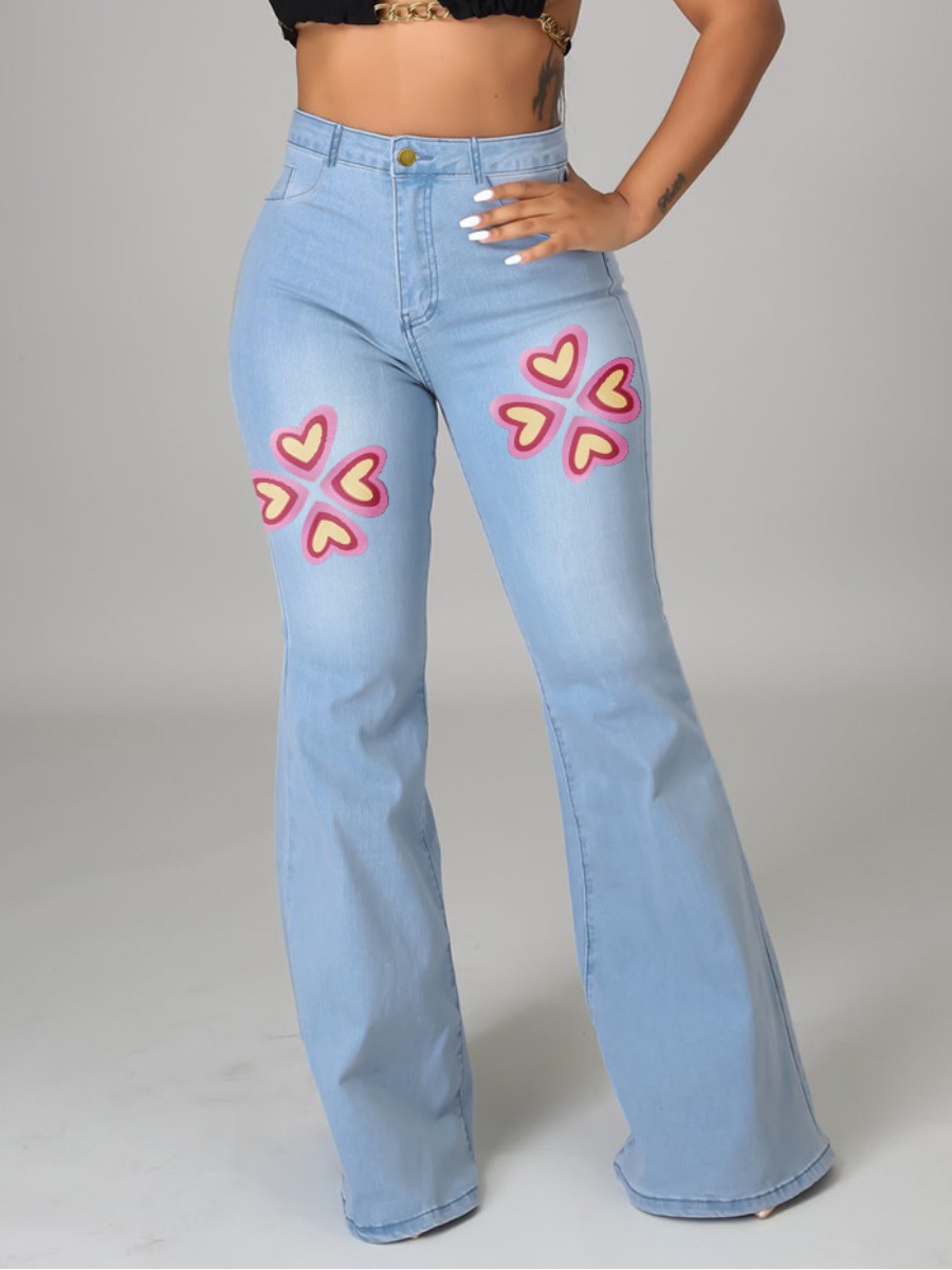 

LW High-waisted Heart Print Flared Jeans, Baby blue