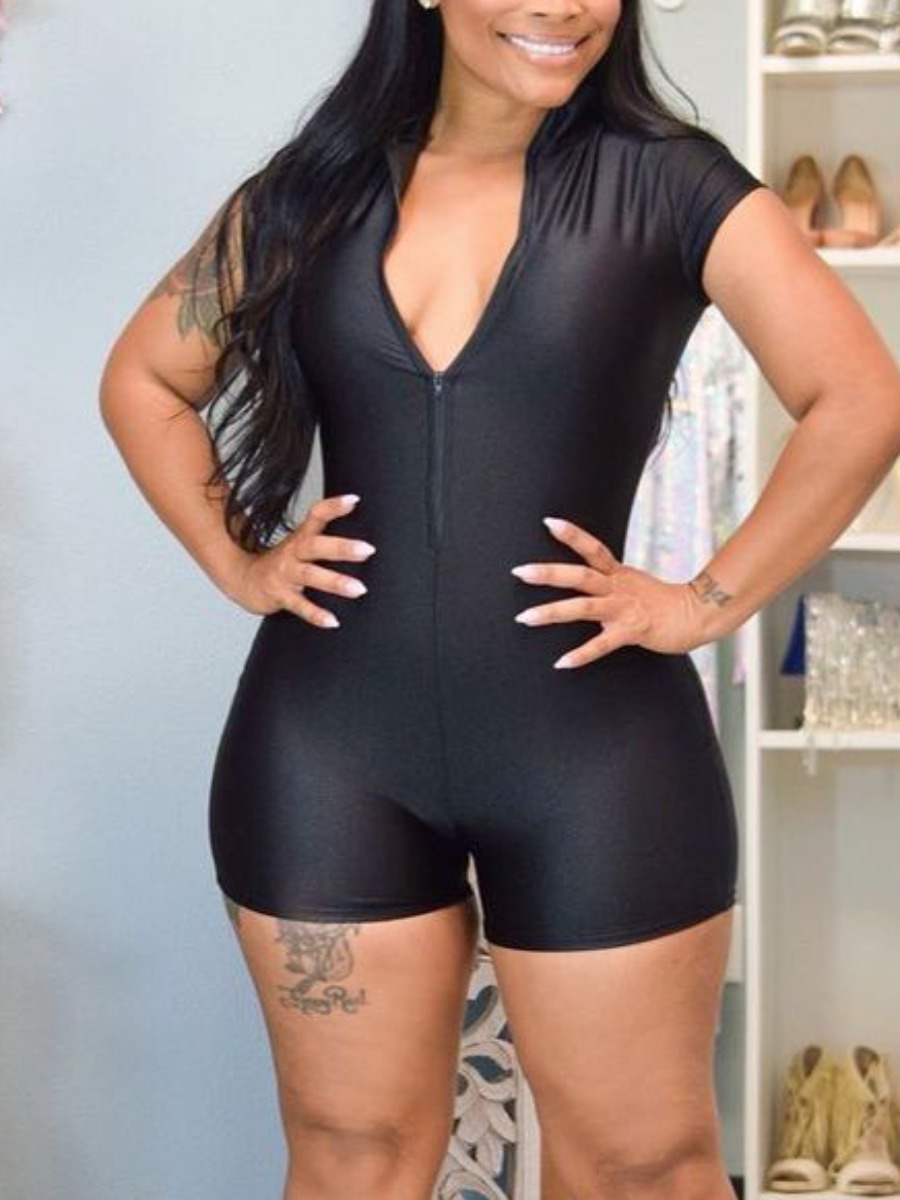 

Lovely Zipper Design Basic Skinny One-piece Romper, Black