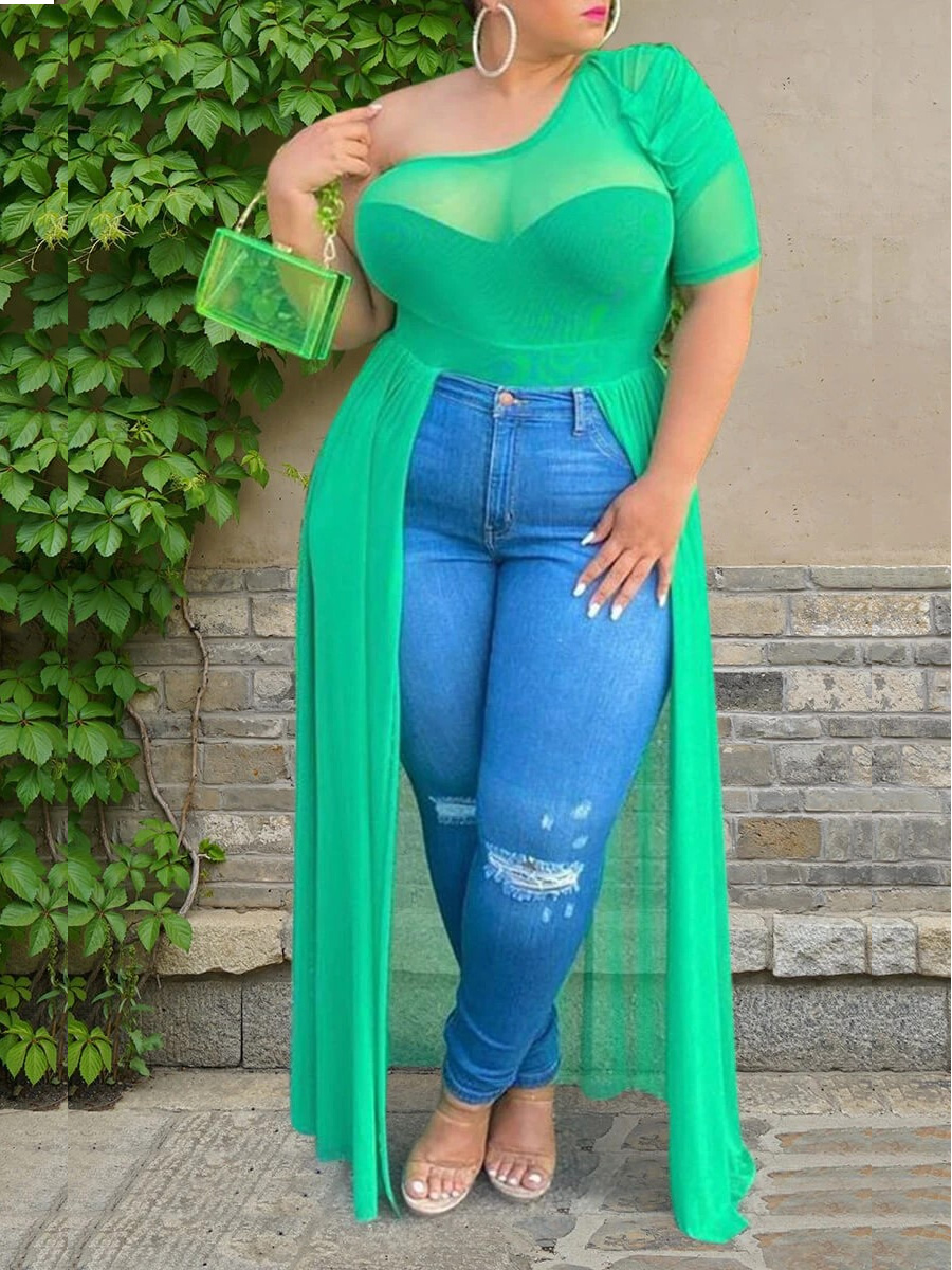 

Lovely Plus Size See-through Split Blouse, Green