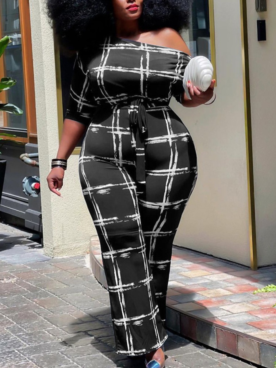 

Lovely Plus Size Boat Neck Plaid Print One-piece Jumpsuit, Black