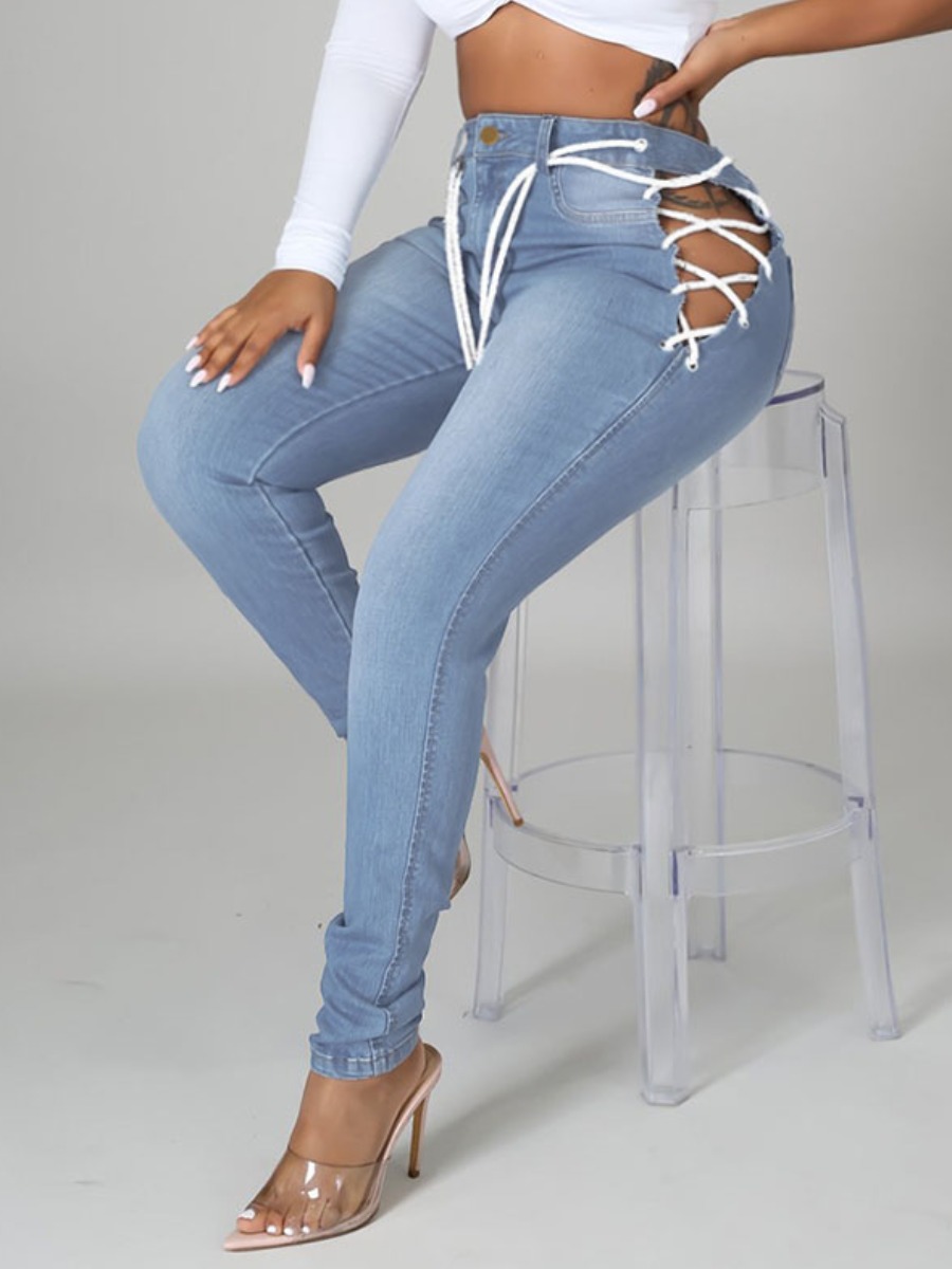 

LW Plus Size Bandage Hollow-out Design Jeans, Baby blue