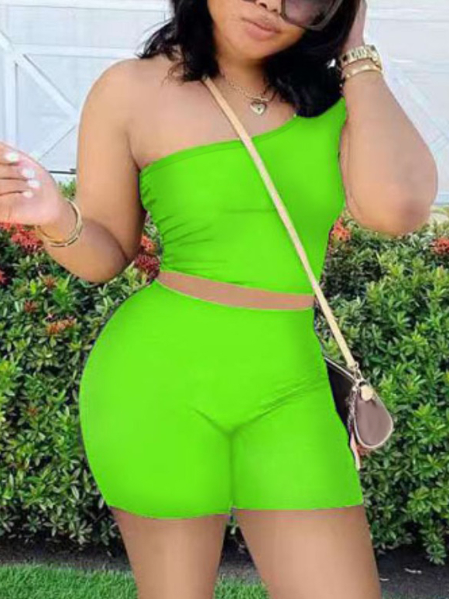 

LW BASICS Casual One Shoulder Skinny Green Two Piece Shorts Set