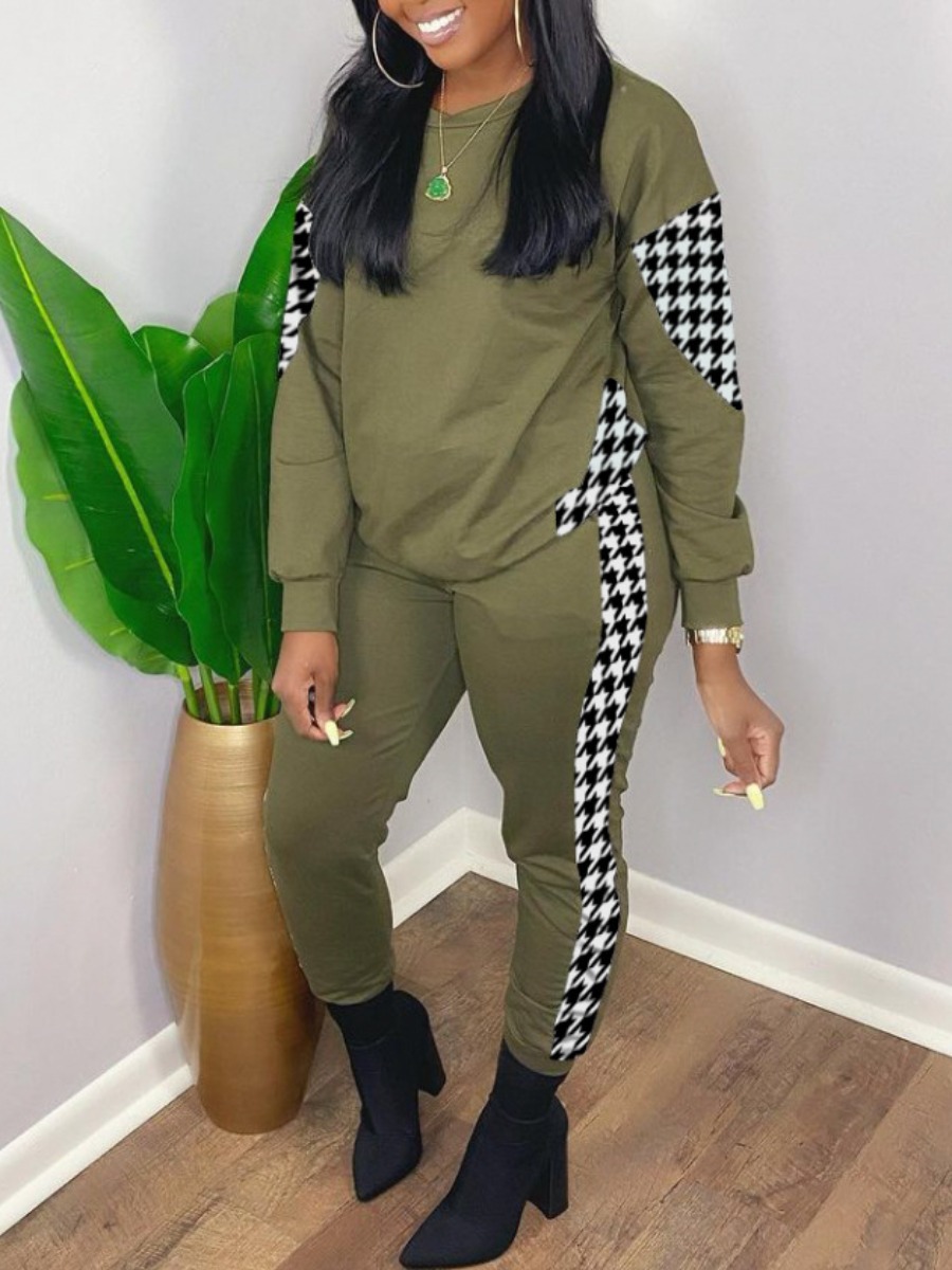 

LW Dropped Shoulder Plaid Print Two Piece Pants Set, Army green