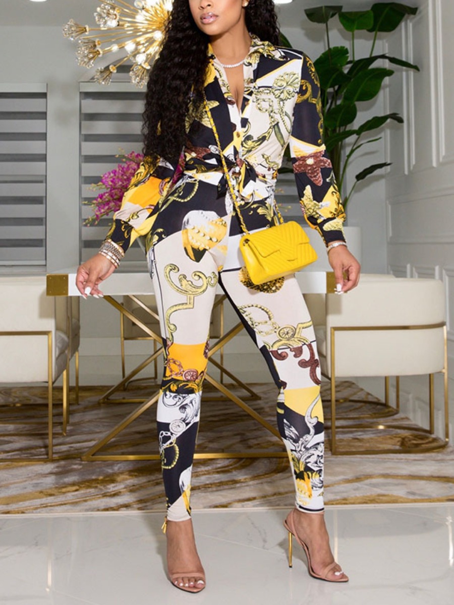 

LW Chain Print Patchwork Two Piece Pants Set, Yellow
