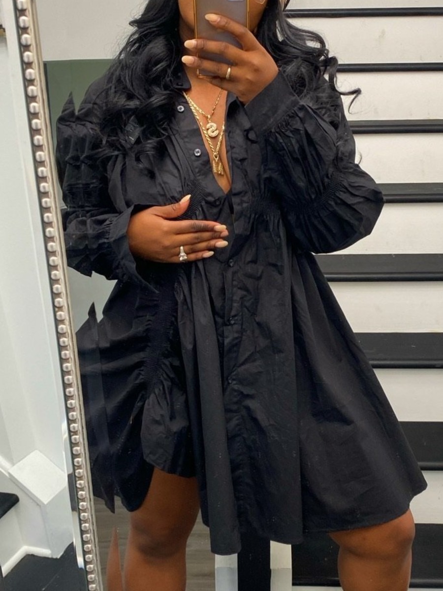 

LW Button Fold Design Shirt Dress, Black