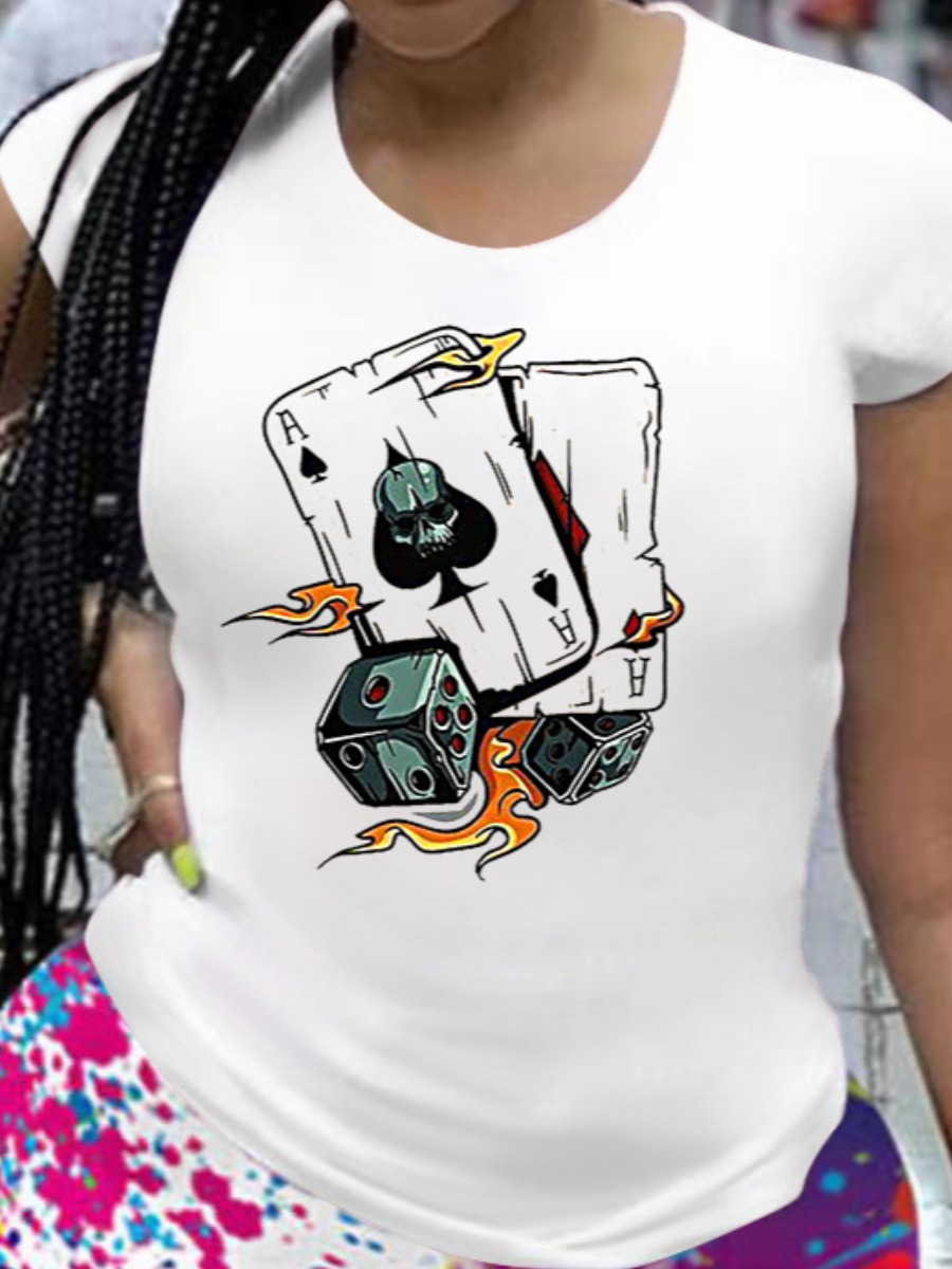 

Lovely Round Neck Poker Print T-shirt, White