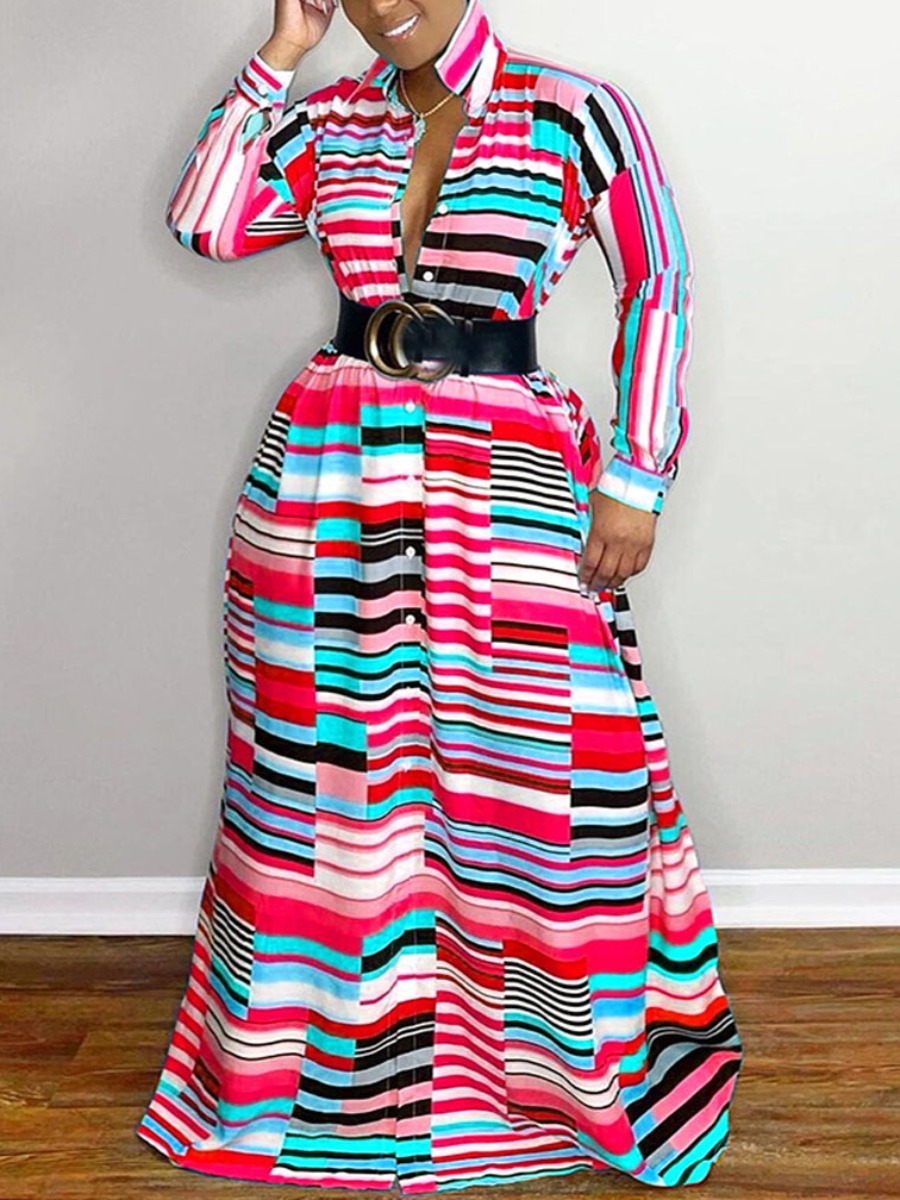

LW Plus Size Striped Patchwork A Line Dress (Without Belt), Red