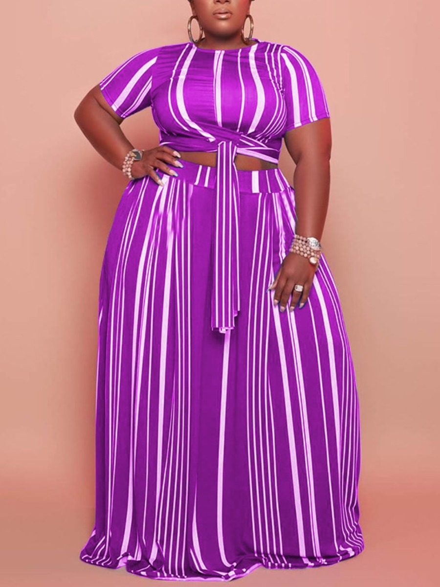 

LW Plus Size Striped Bandage Design Two-piece Skirt Set, Purple