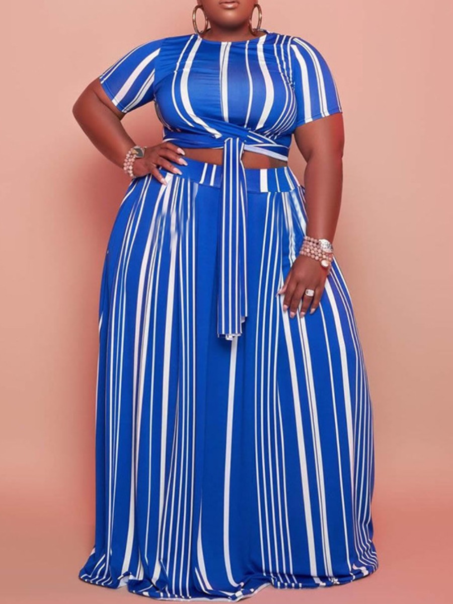 

Lovely Plus Size Striped Bandage Design Two-piece Skirt Set, Blue