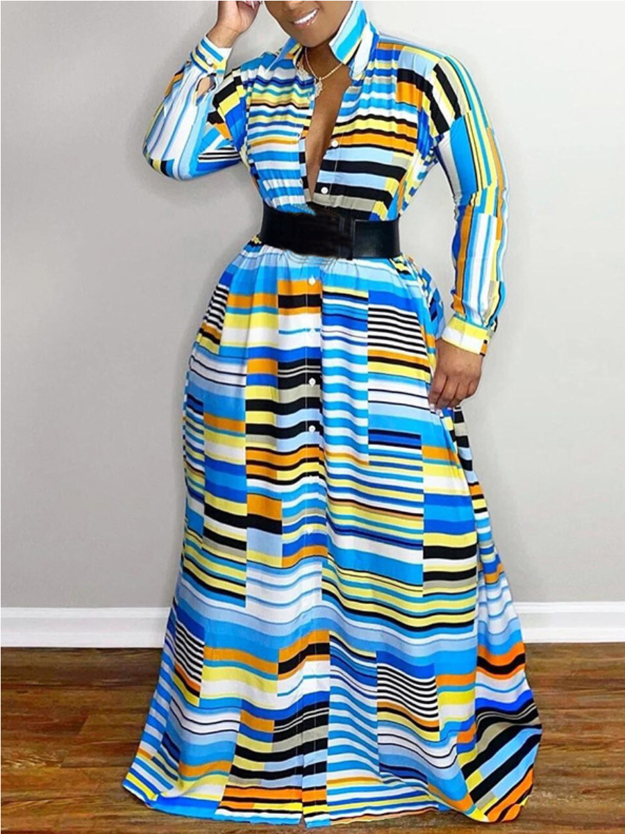

LW Plus Size Striped Patchwork A Line Dress (Without Belt), Blue