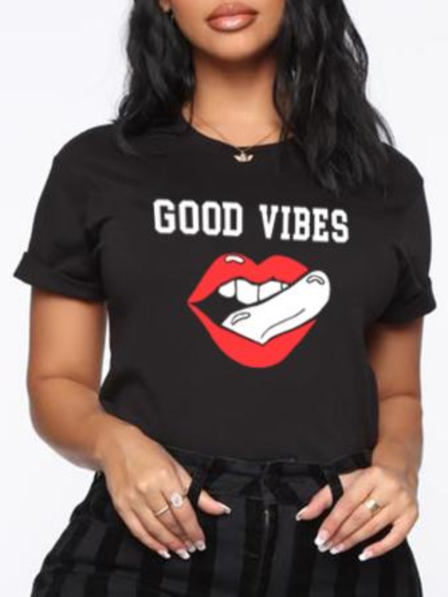 

Lovely Lip Letter Print T-shirt, Black