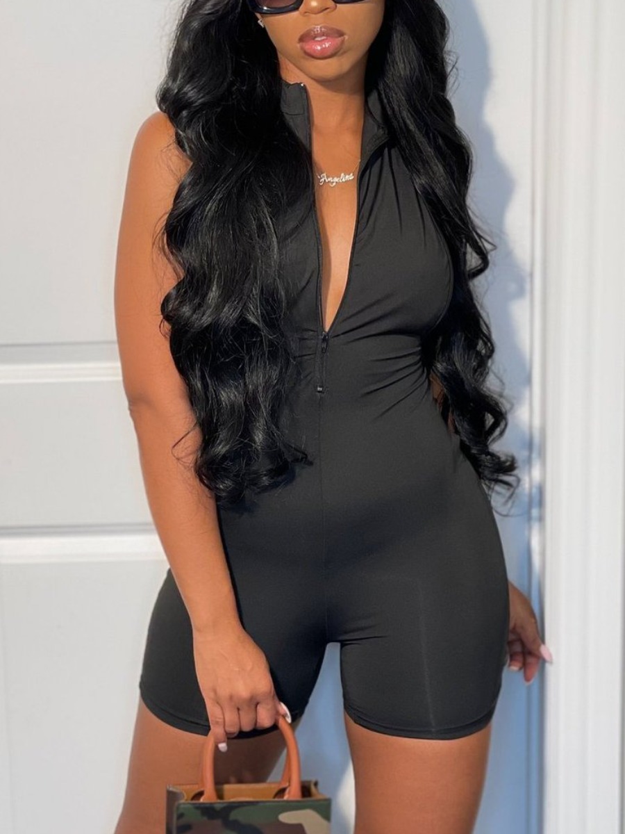 

Lovely Backless Zipper Design One-piece Romper, Black