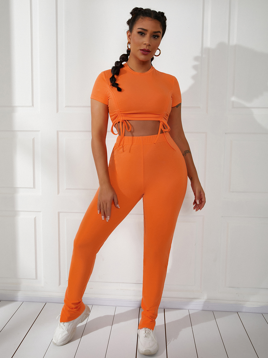

LW COTTON Casual Round Neck Drawstring Croci Two Piece Pants Set