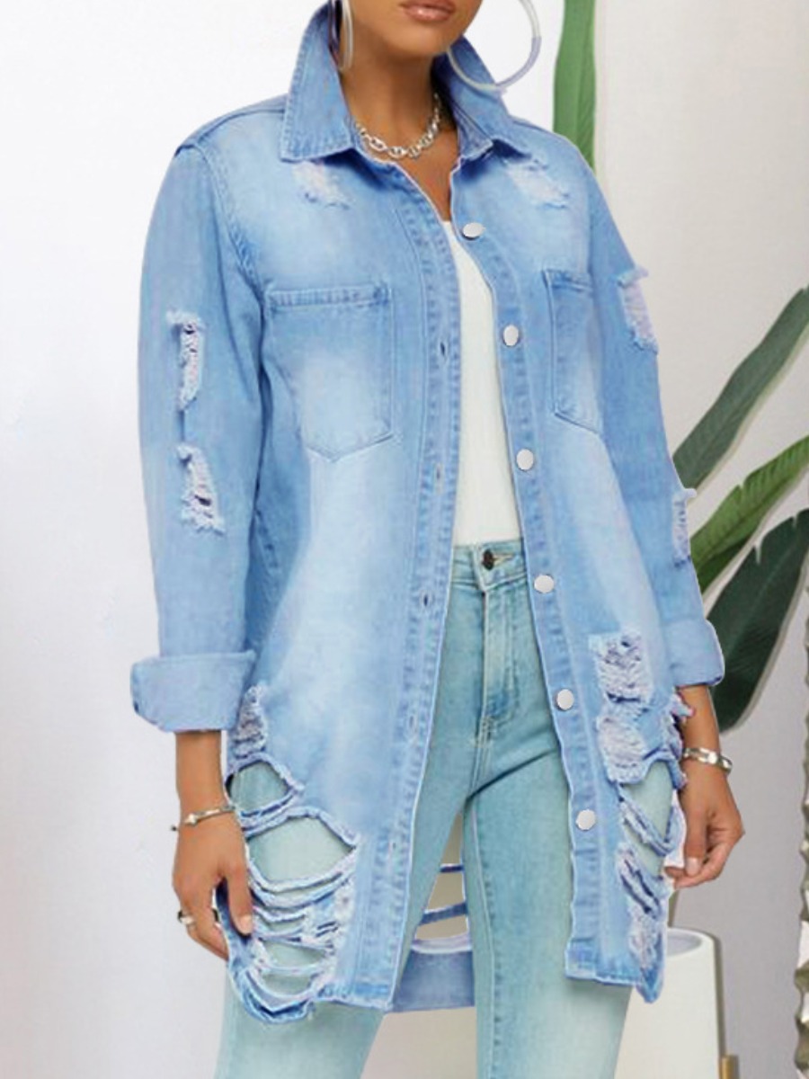 

LW Ripped Button Design Denim Jacket, Baby blue