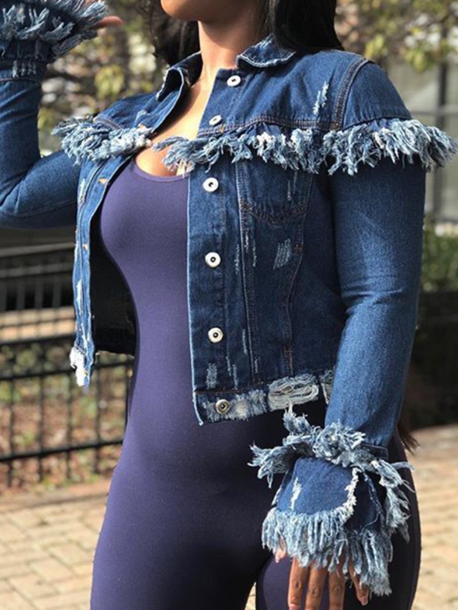 

LW Ripped Raw Edge Denim Jacket (No Stretch), Deep blue