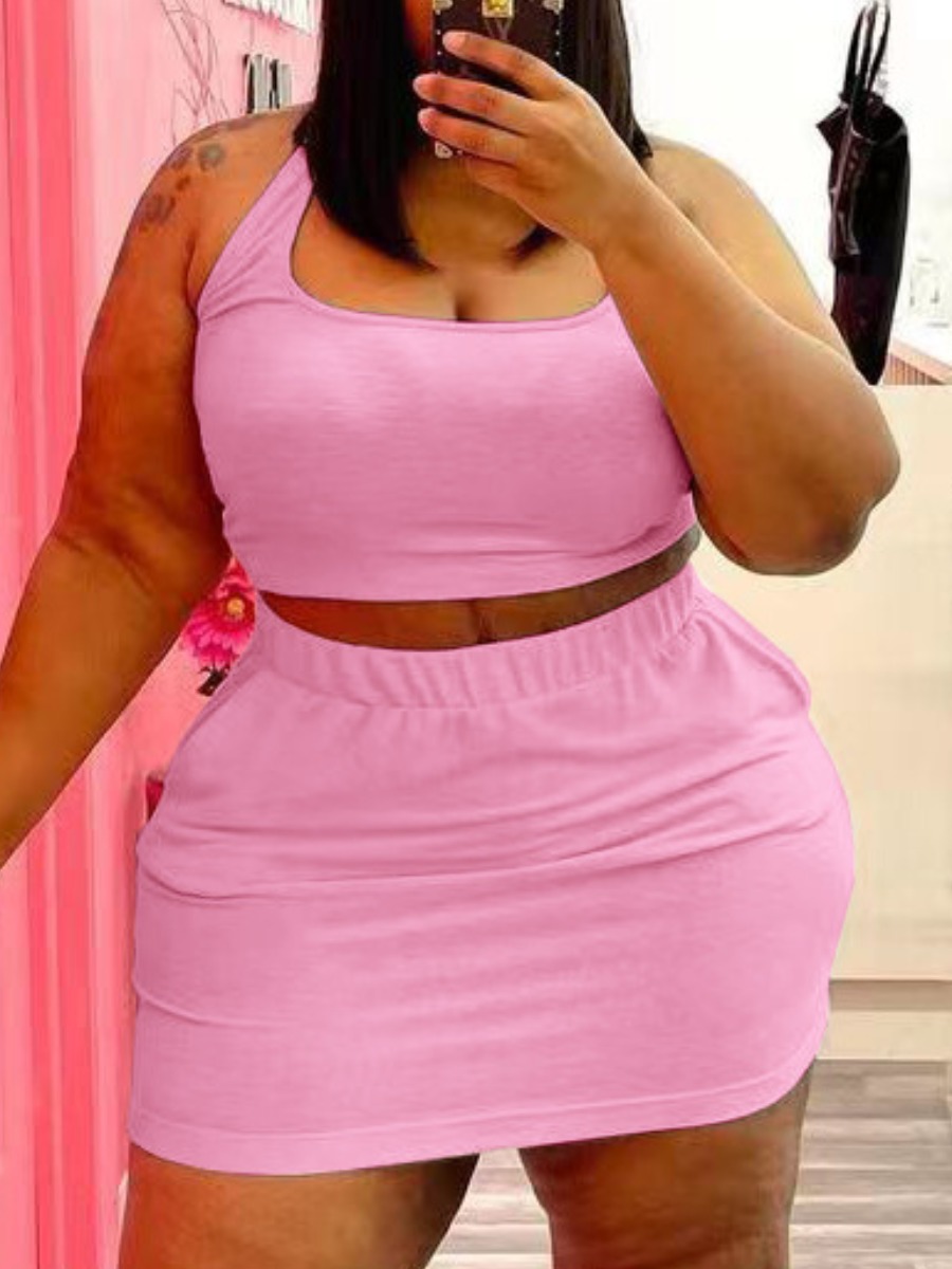 

LW BASICS Plus Size U Neck Elastic Two-piece Skirt Set, Pink