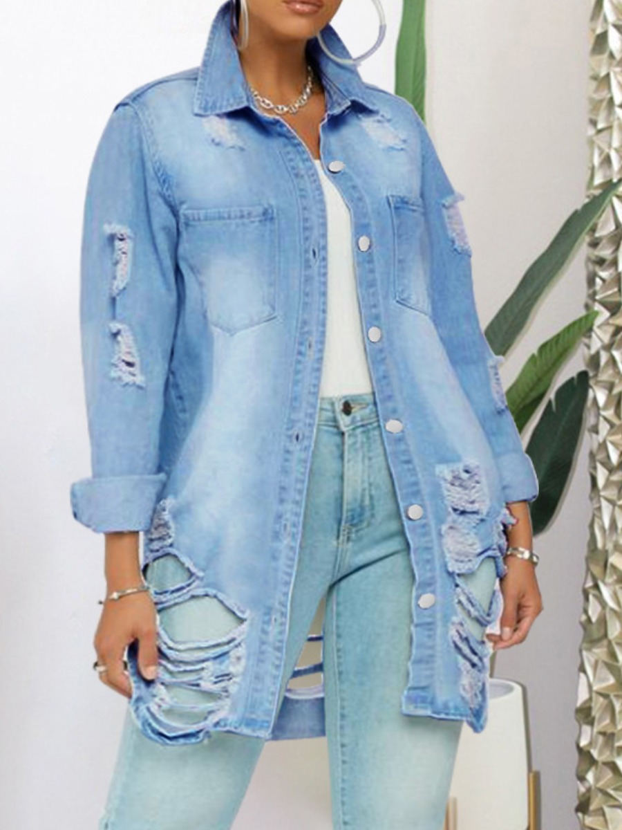

LW Plus Size Ripped Button Design Denim Coat, Baby blue