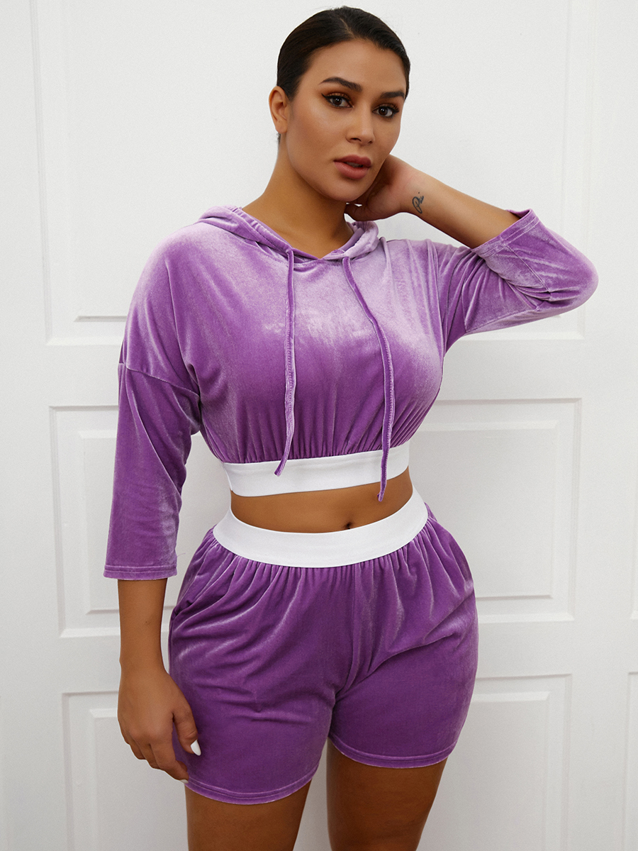 

LW Velvet Hooded Collar Patchwork Two Piece Shorts Set, Purple