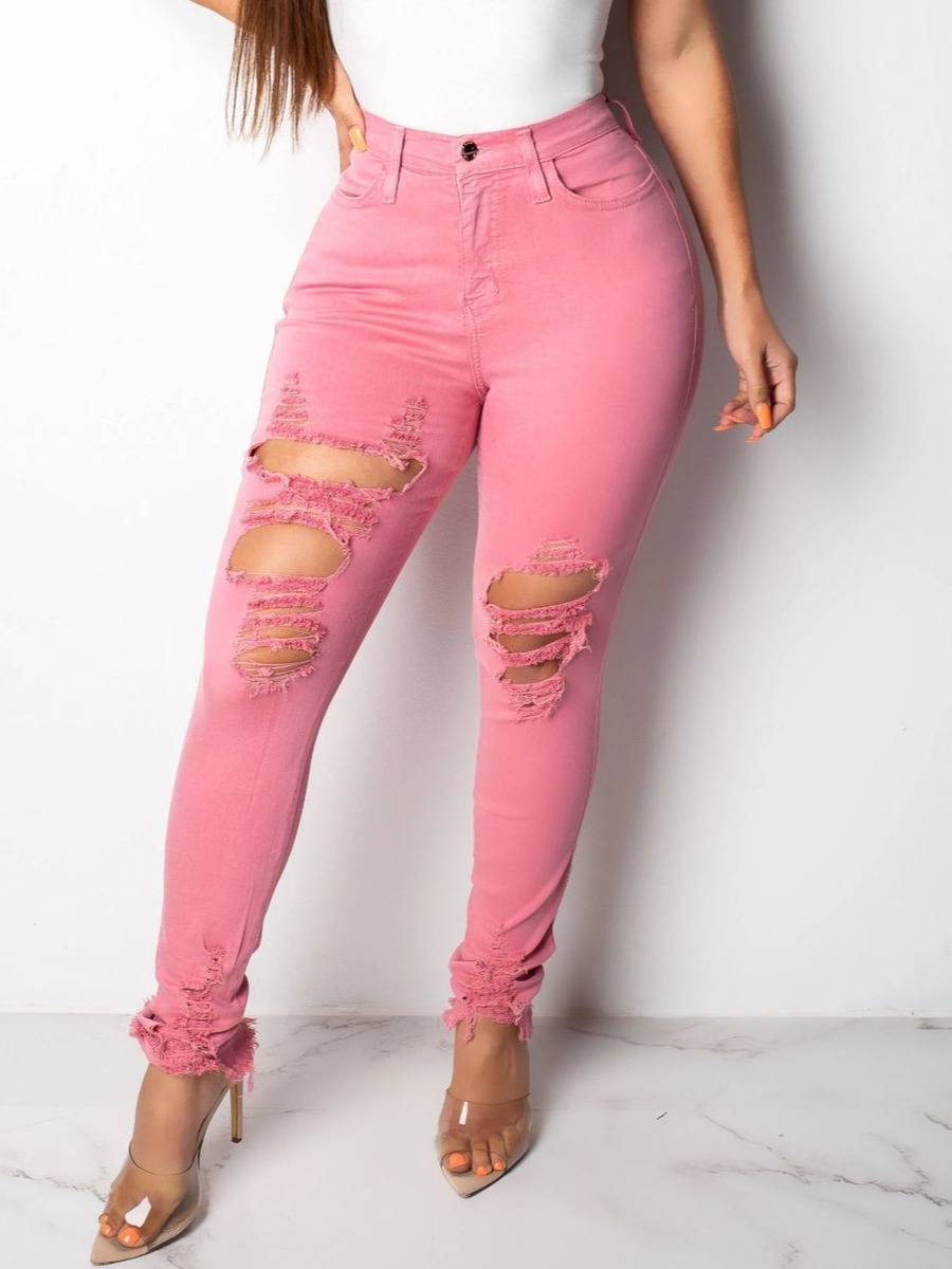 

LW Mid Waist Ripped Jeans, Pink