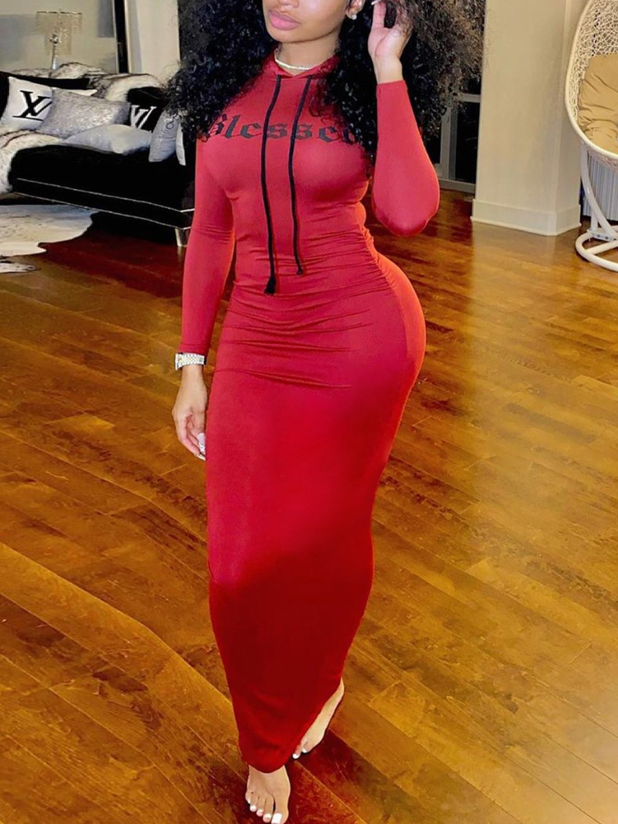 

Lovely Hooded Collar Letter Print Bodycon Dress, Red