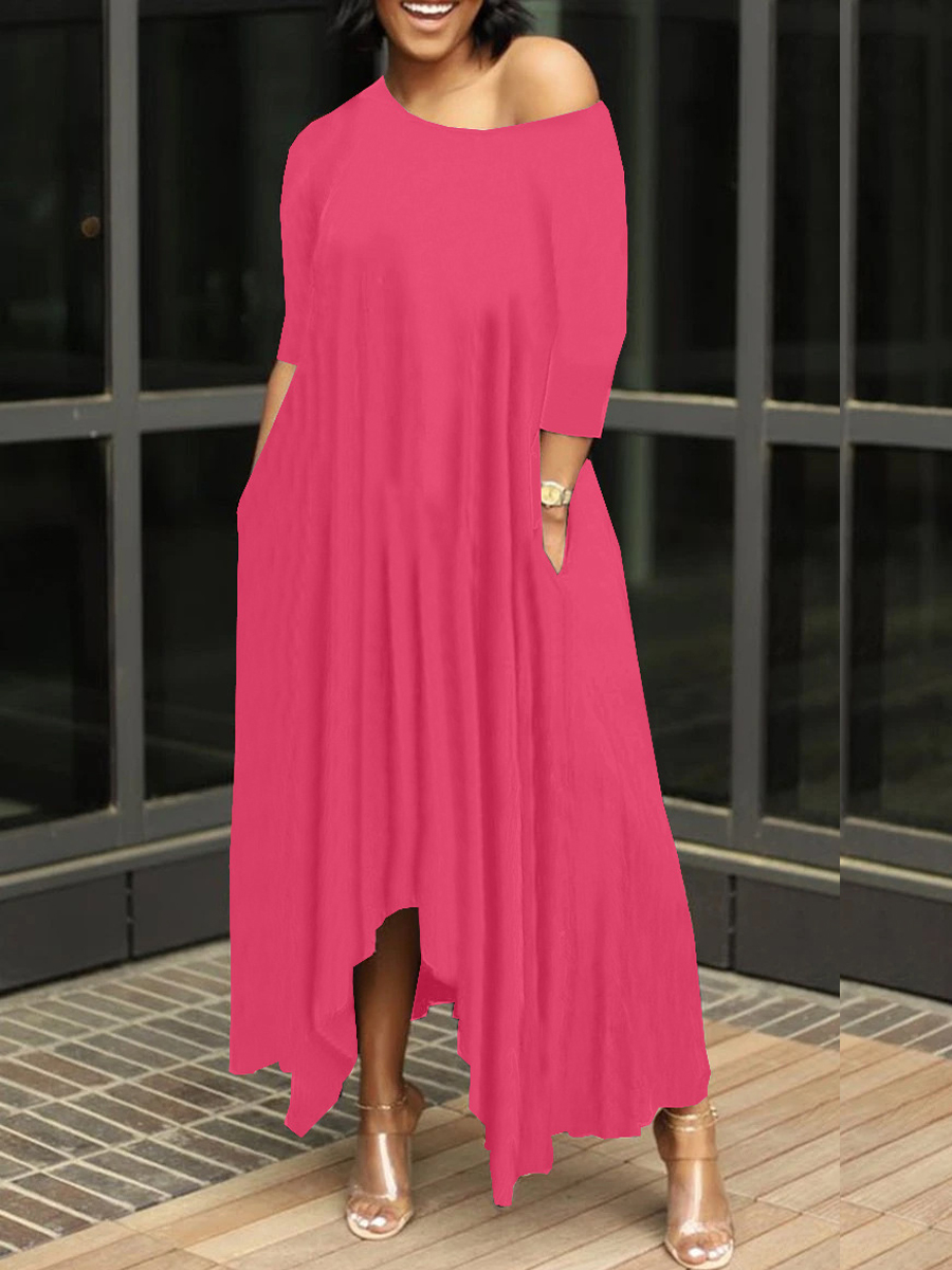 

Lovely Plus Size Fold Pocket Design Asymmetrical Dress, Rose red