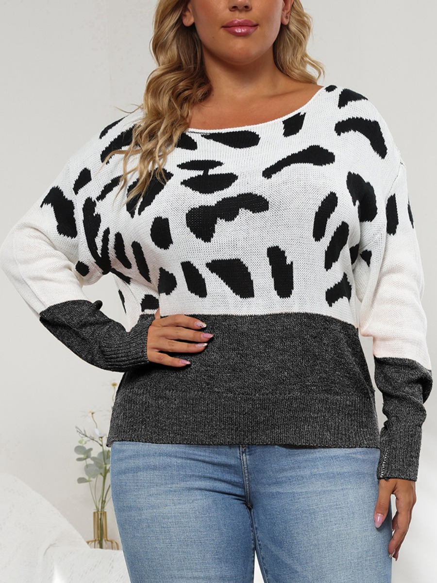 

LW BASICS Plus Size Round Neck Animal Print Sweater, Black