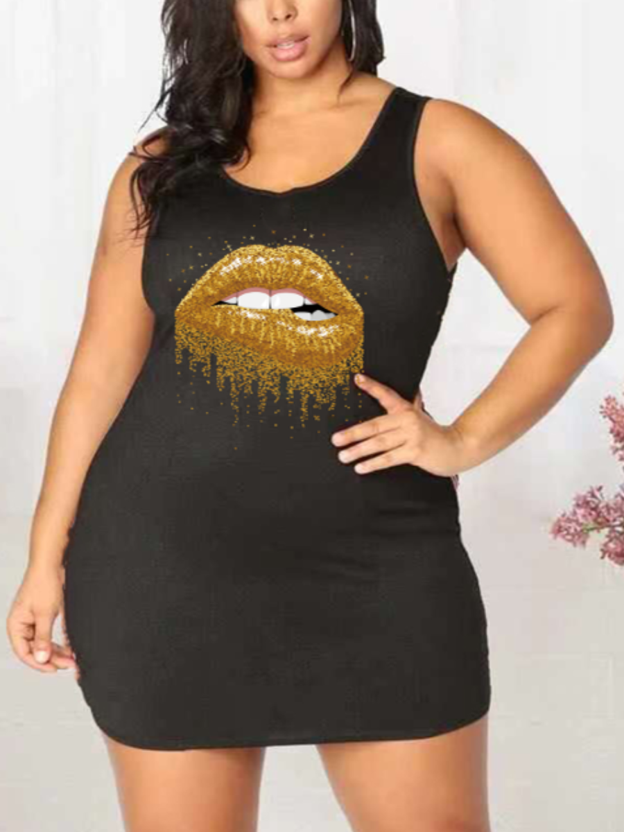 

Lovely Plus Size U Neck Golden Lip Print Dress, Black