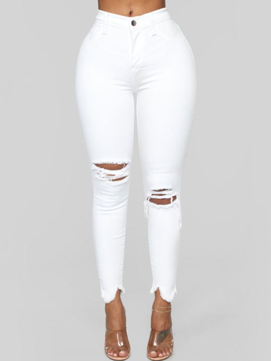 

LW High-waisted Ripped Raw Edge Jeans, White