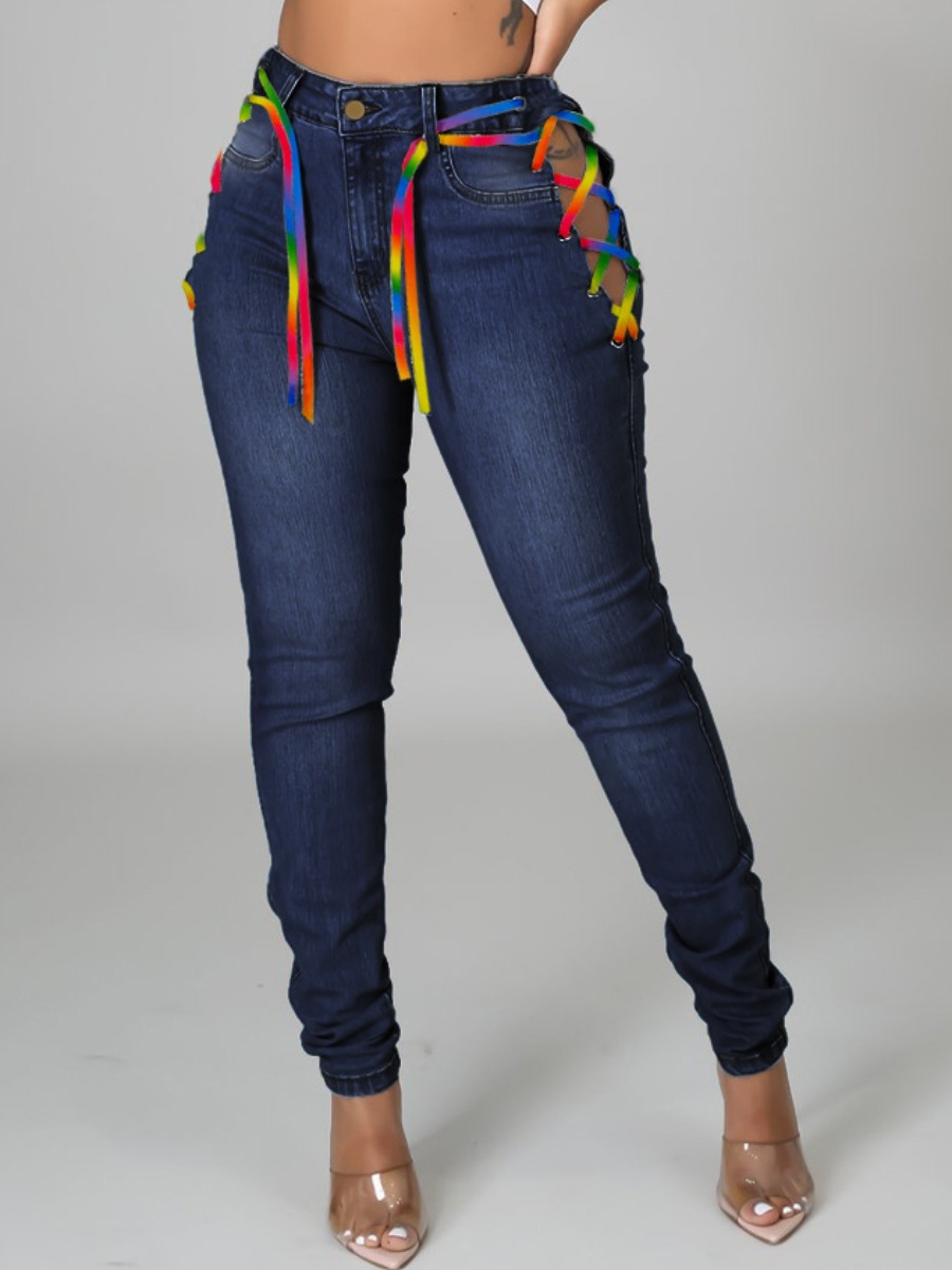 

LW Bandage Hollow-out Design Jeans, Deep blue