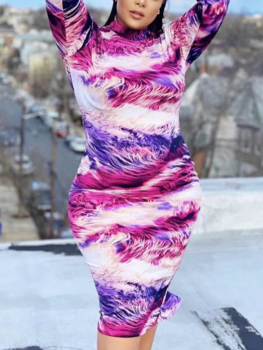 

LW Plus Size Half A Turtleneck Tie-dye Dress, Purple