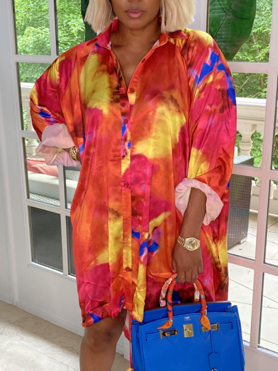 

Lovely Dropped Shoulder Tie-dye Shirt Dress, Red