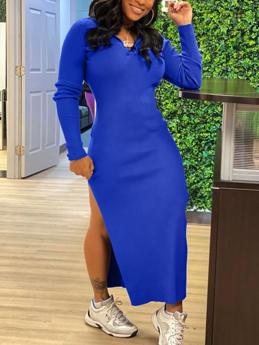 

LW Hooded Collar Backless High Split Dress, Blue