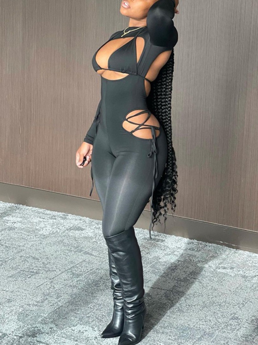 

Lovely Backless Bandage Hollow-out Design One-piece Jumpsuit, Black