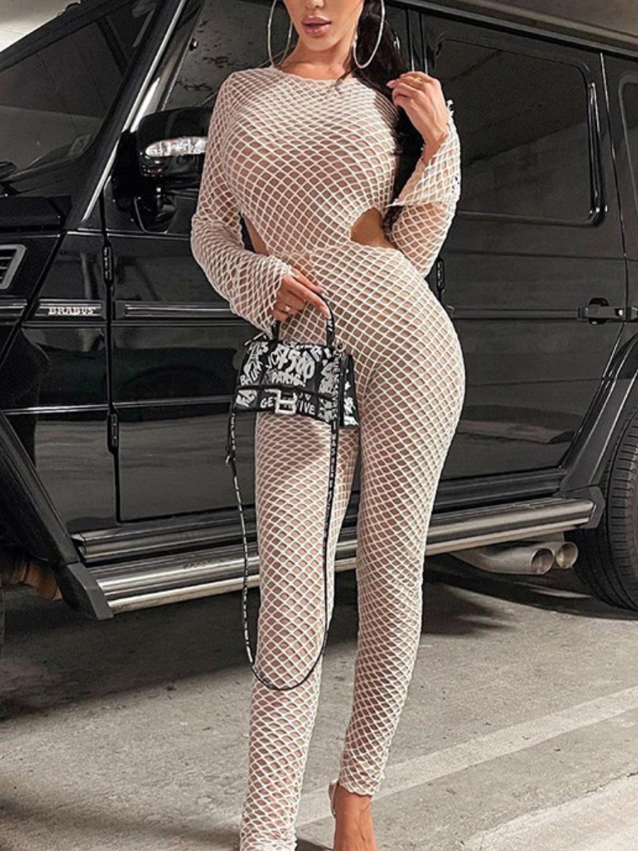 

Lovely Mesh Hollow-out One-piece Jumpsuit, White