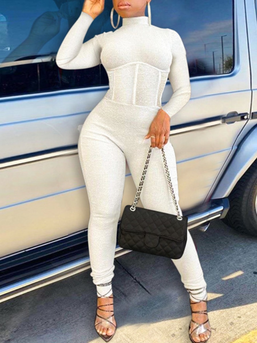 

Lovely Backless Rib-Knit One-piece Jumpsuit, White