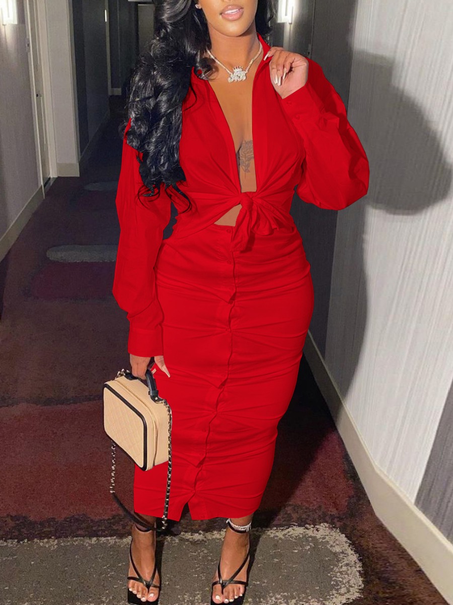 

LW Dropped Shoulder Button Design Two Piece Skirt Set, Red