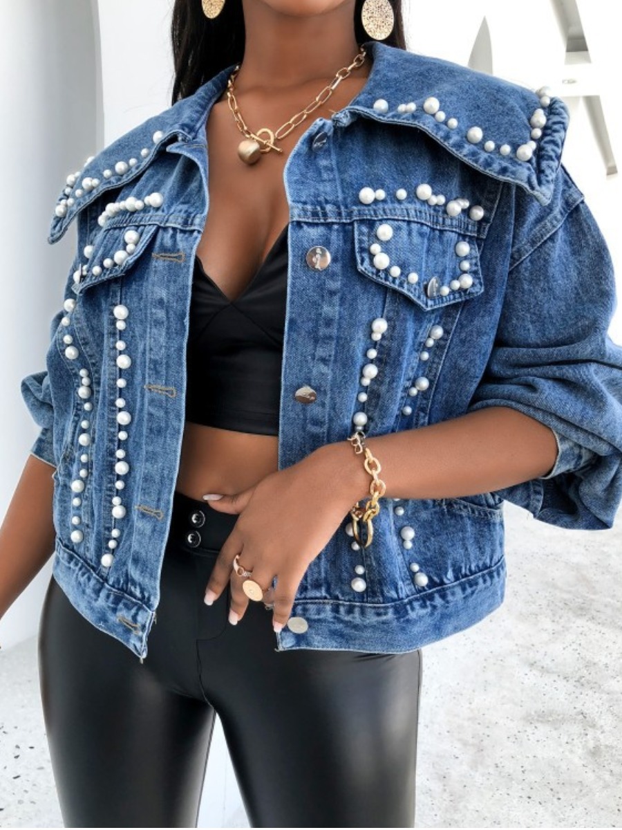 

LW Lapel Collar Pearl Decoration Denim Jacket, Deep blue