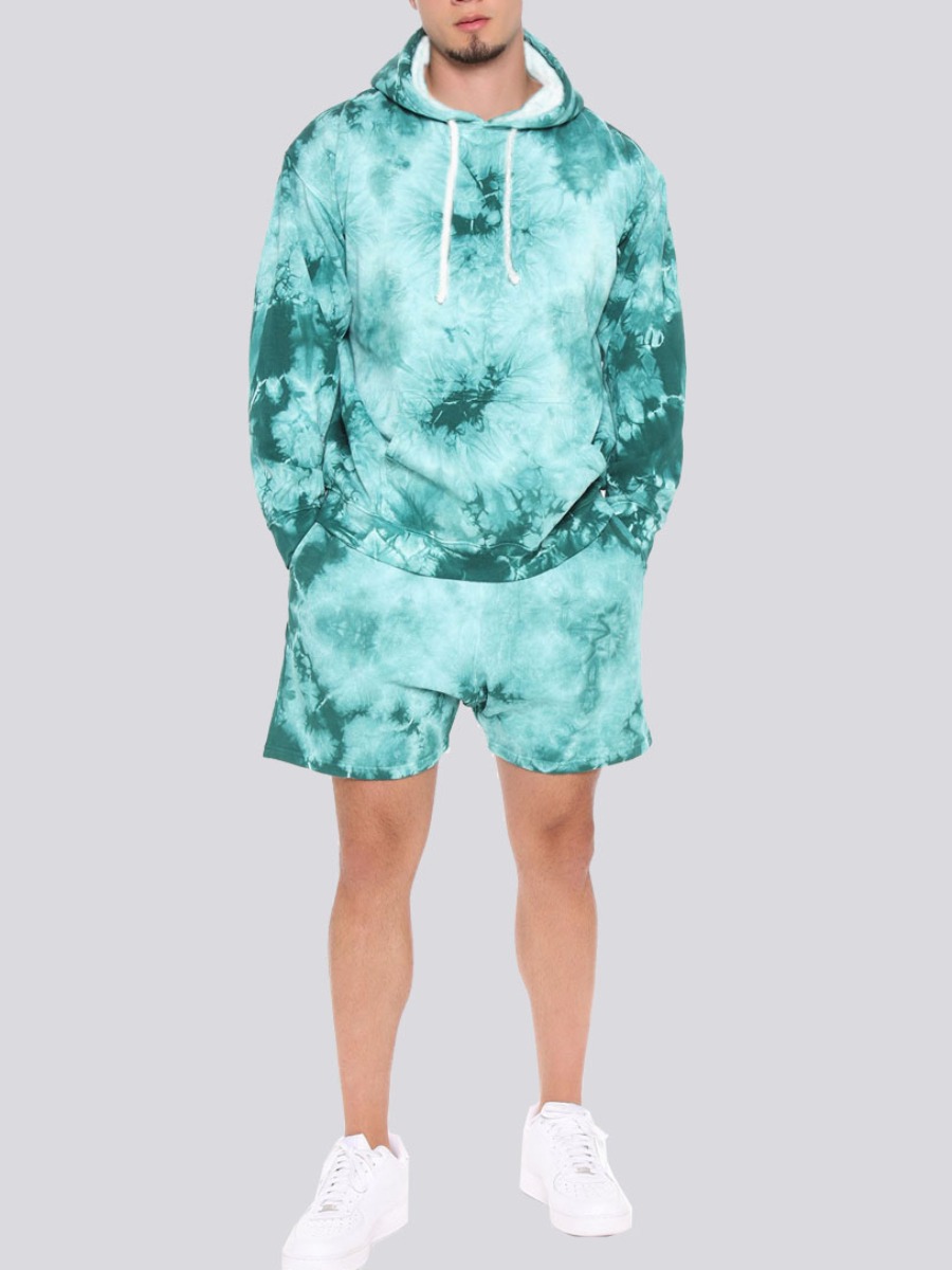 

Lovely Men Hooded Collar Tie-dye Two Piece Shorts Set, Blue