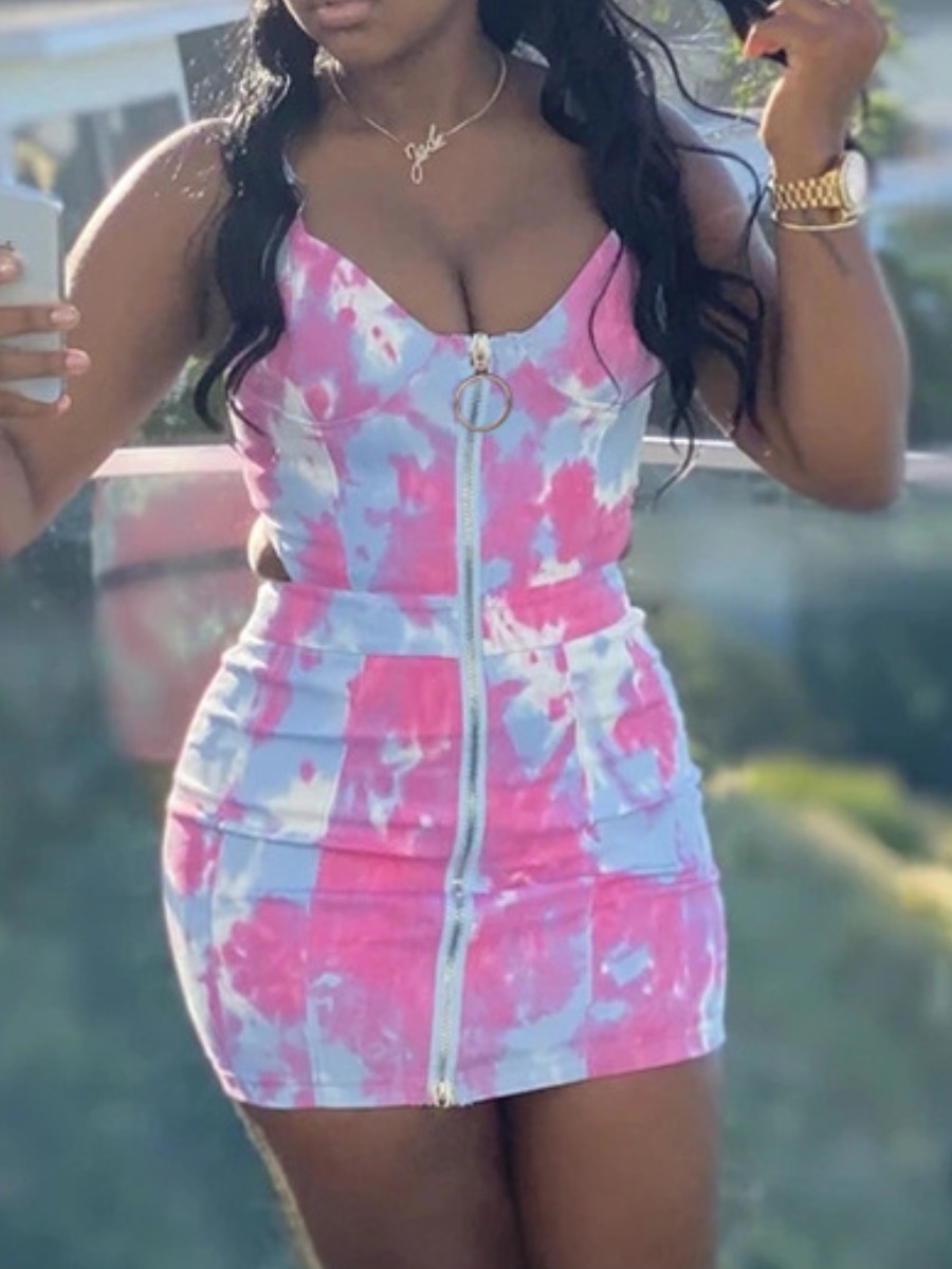 

Lovely Tie-dye Hollow-out Denim Dress, Pink