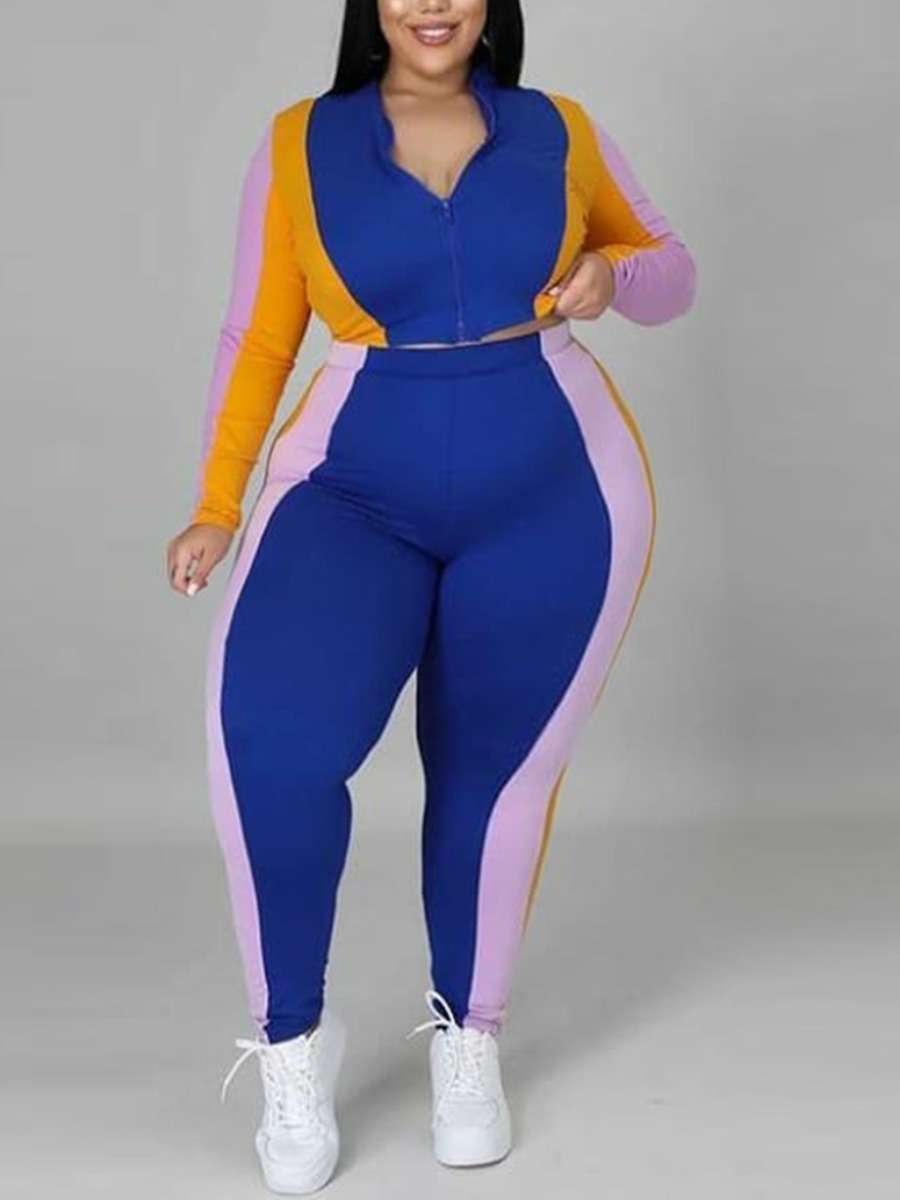 

LW Plus Size Color-lump Patchwork Two-piece Pants Set, Blue